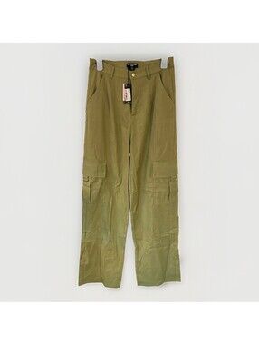 PrettyLittleThing Women's Wide-Leg Trousers Green Linen Look Sz 8